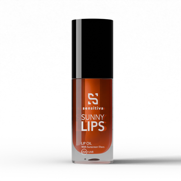 Flacone del Sunny Lips Lip Oil di Sensitiva, olio labbra nutriente con protezione solare UVA/UVB, arricchito con Cannabidiolo, burro di karité e olio di ricino per labbra morbide e idratate
